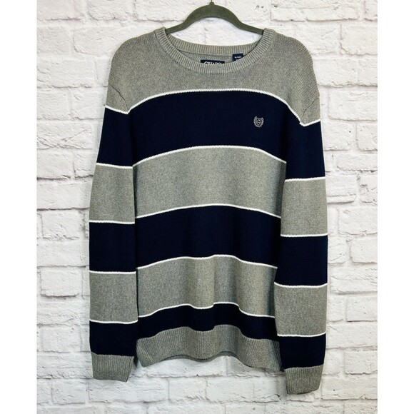 Mens Chaps Blue Gray Striped Sweater Pullover Crew Neck Classic Preppy Rugby XL - Picture 3 of 11